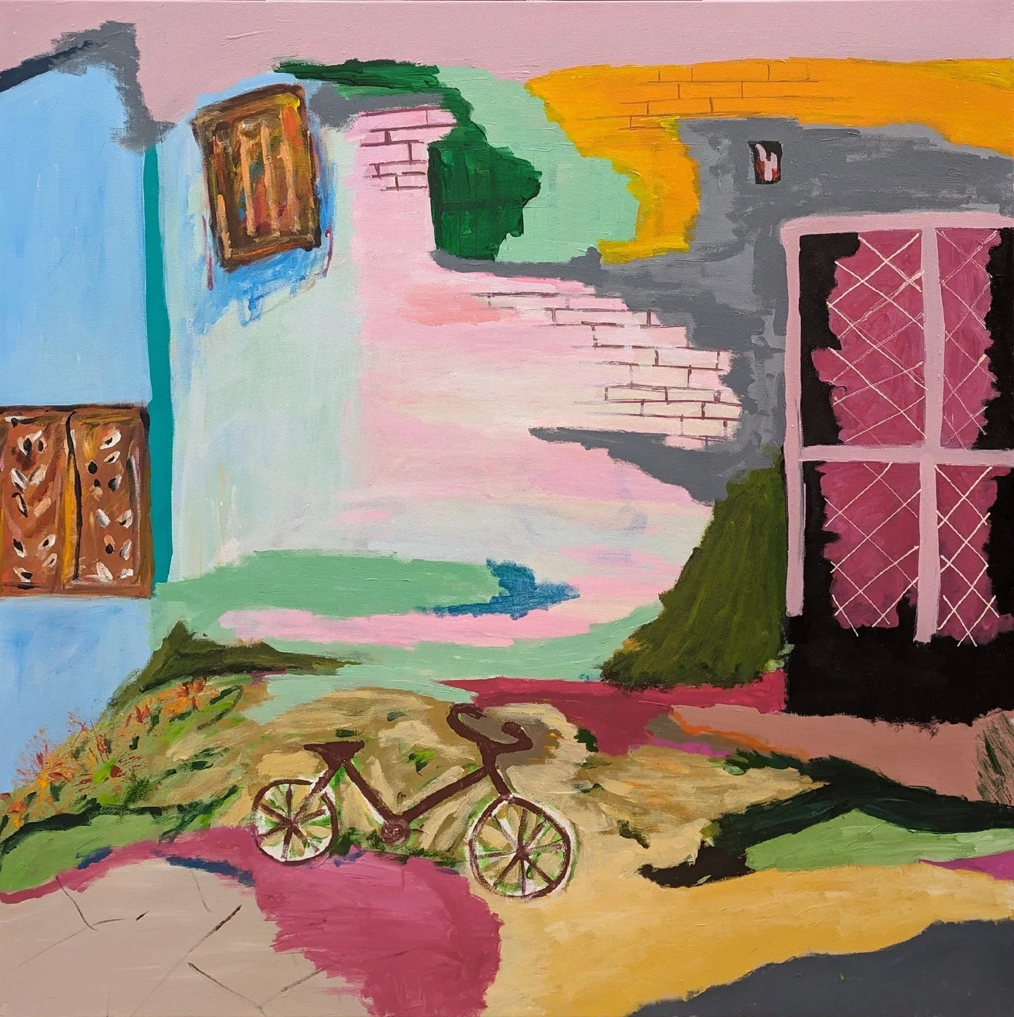 Cycles of Memory – 100 × 100 cm acrylic abstract landscape by Alpana Rai, nostalgic urban decay theme with bold brush strokes