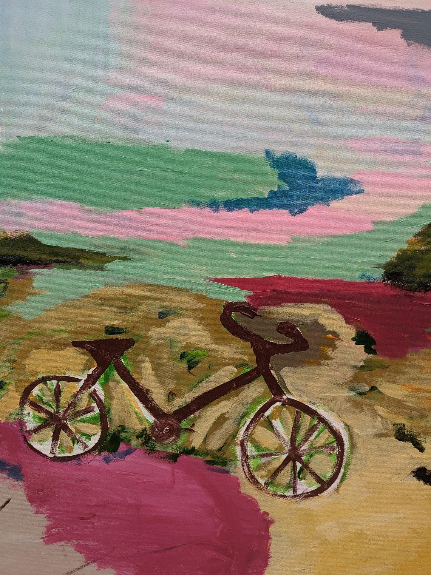 Details of Cycles of Memory – 100 × 100 cm acrylic abstract landscape by Alpana Rai, nostalgic urban decay theme with bold brush strokes