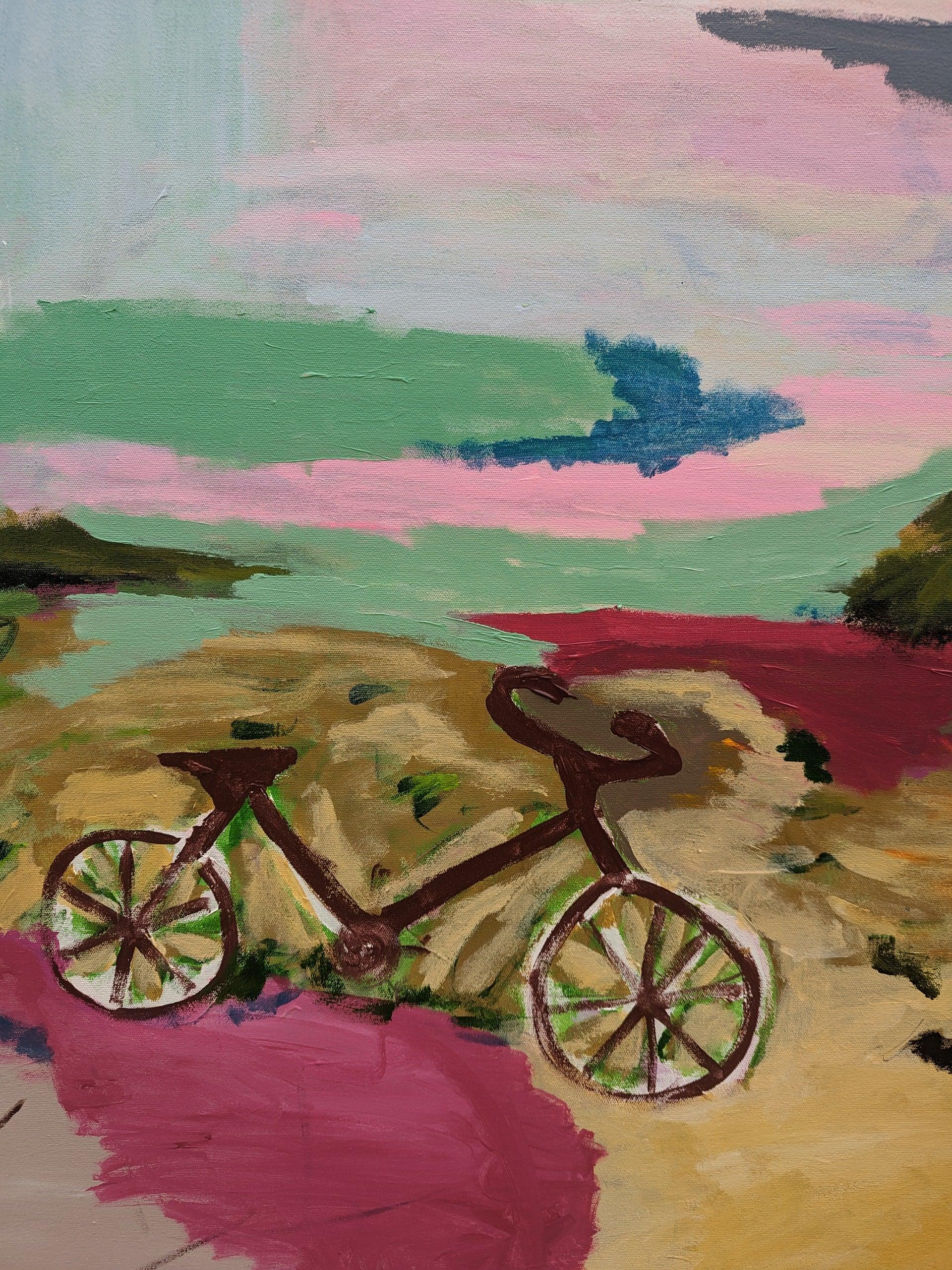 Details of Cycles of Memory – 100 × 100 cm acrylic abstract landscape by Alpana Rai, nostalgic urban decay theme with bold brush strokes