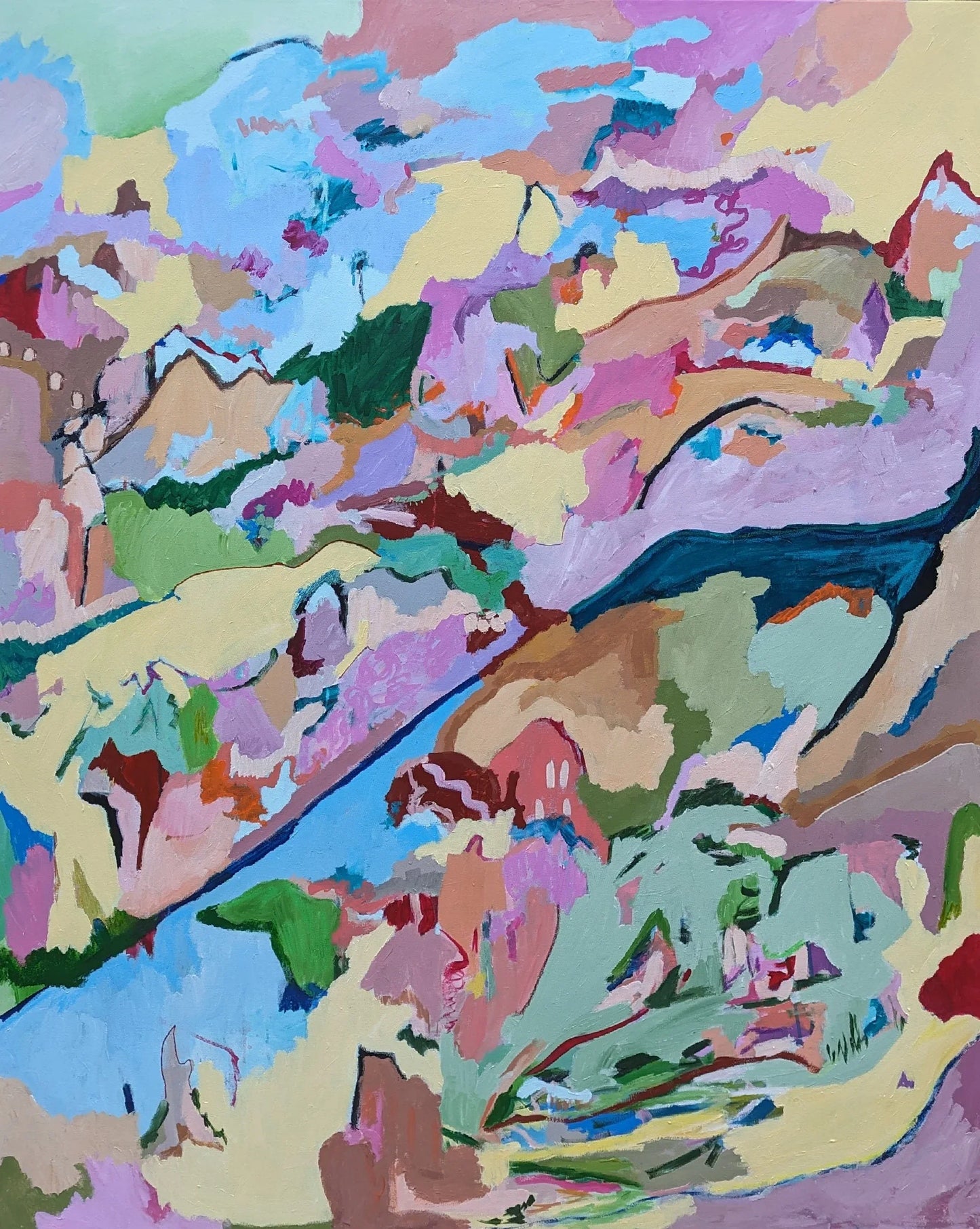 Comfort Zone – mixed‑media abstract landscape painting, 120x150 cm, vibrant blue‑pink tones