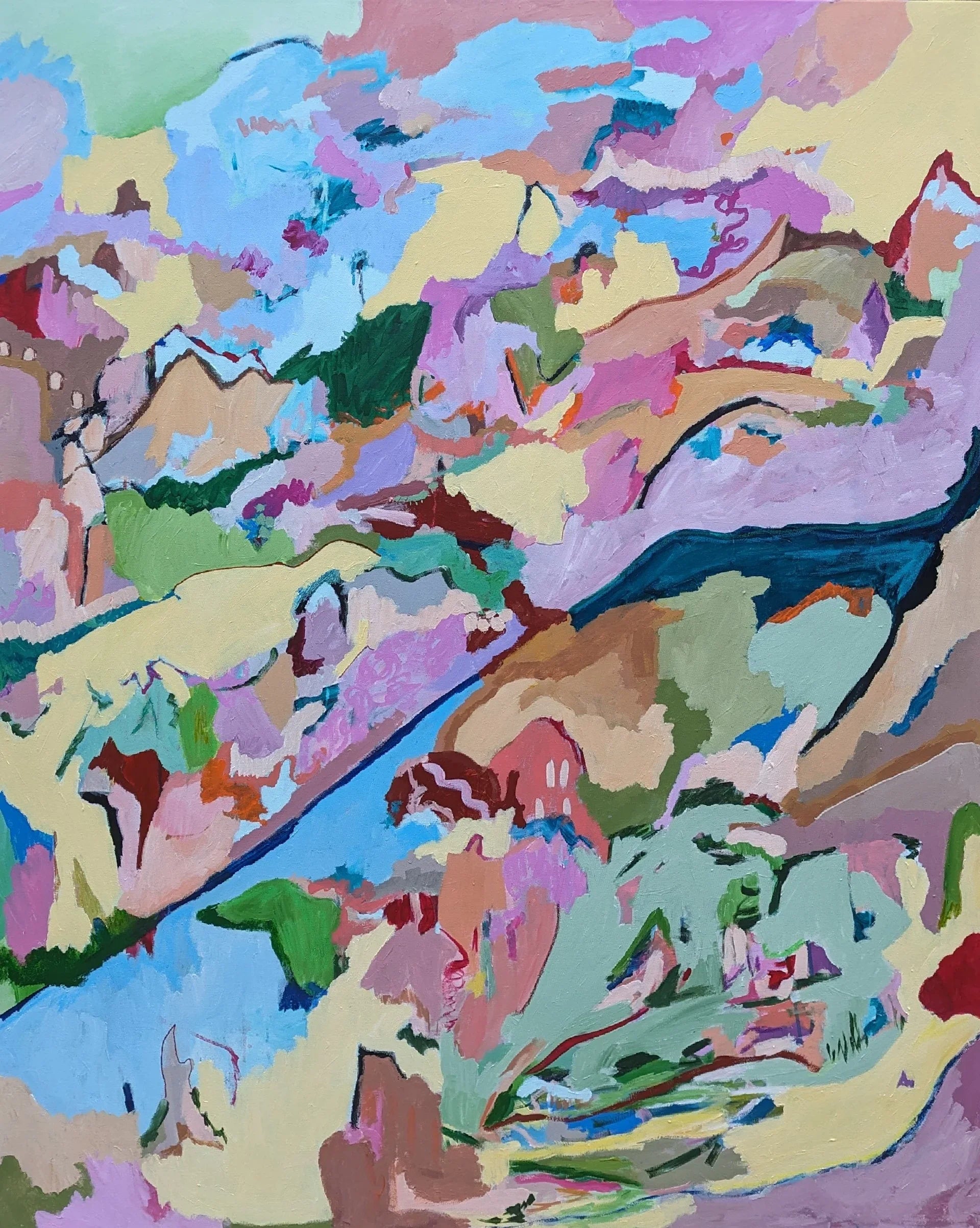 Comfort Zone – mixed‑media abstract landscape painting, 120x150 cm, vibrant blue‑pink tones