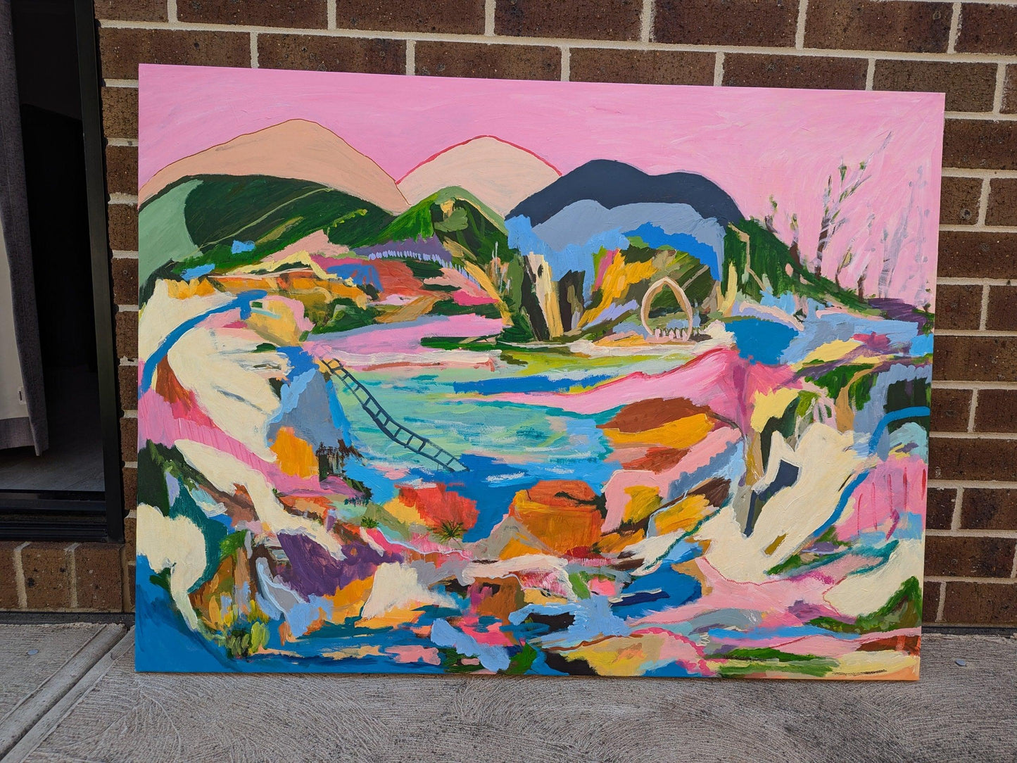 Lakeside – abstract acrylic landscape 121 × 91 cm by Alpana Rai, organic forms with pink sky and dreamlike elements