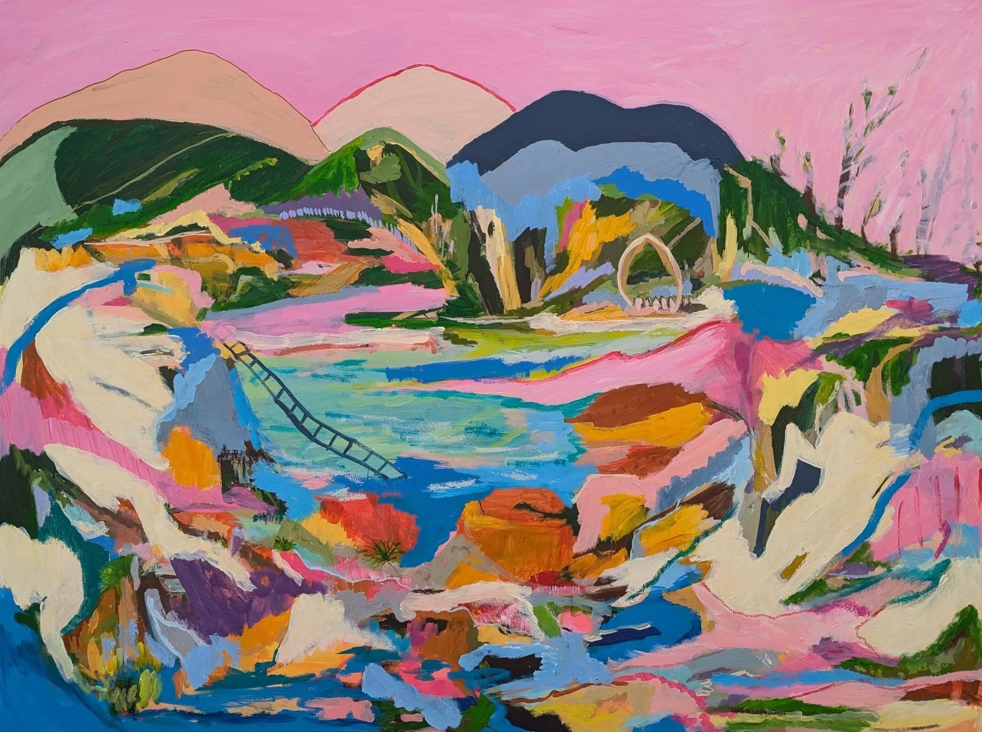 Lakeside – abstract acrylic landscape 121 × 91 cm by Alpana Rai, organic forms with pink sky and dreamlike elements