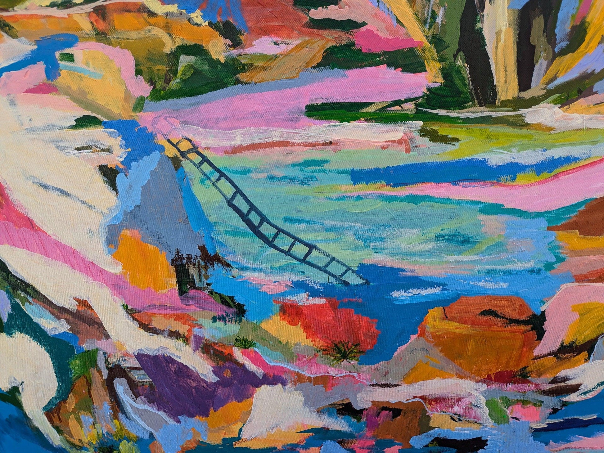 Lakeside  detail– abstract acrylic landscape 121 × 91 cm by Alpana Rai, organic forms with pink sky and dreamlike elements