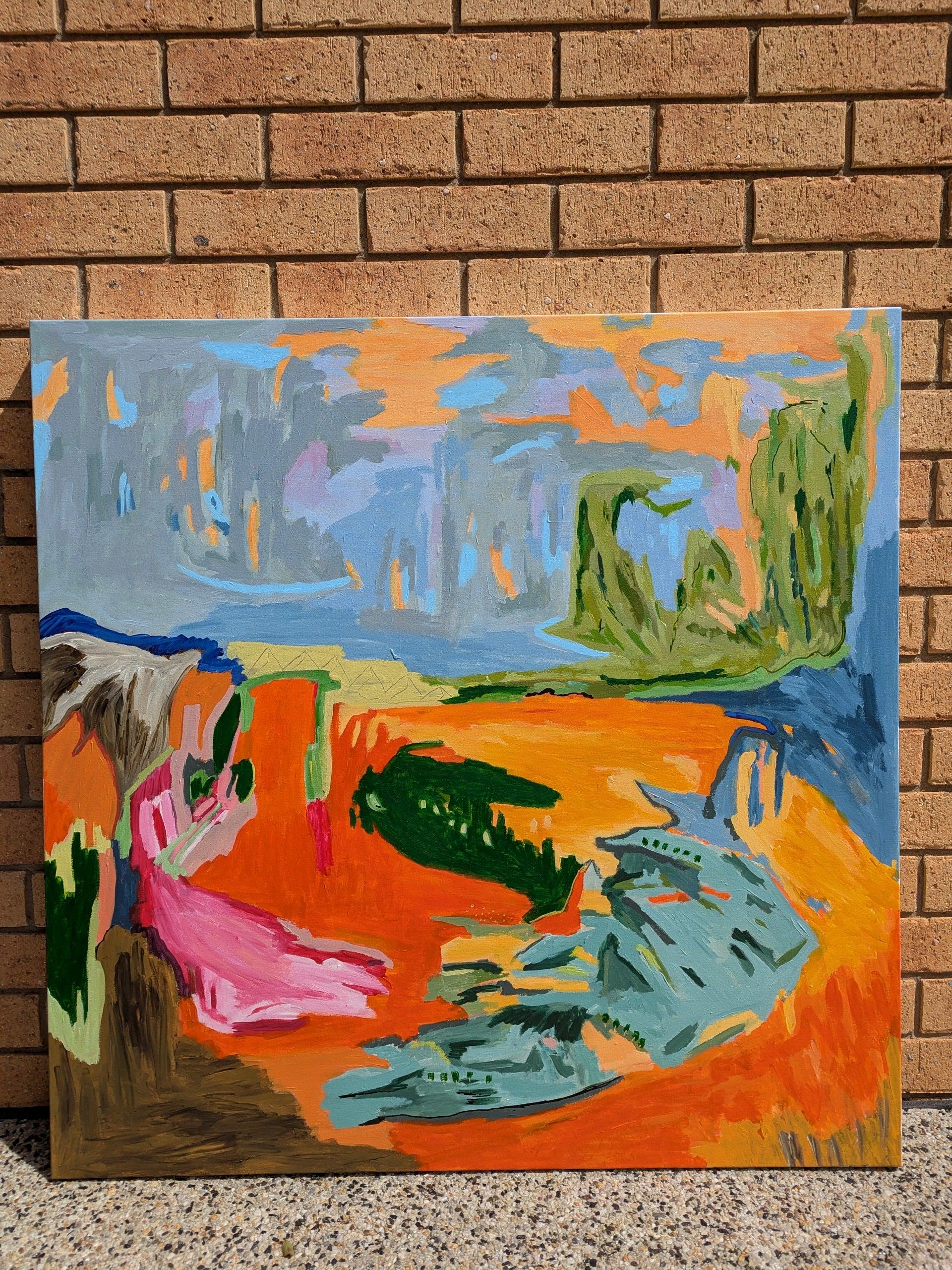 Earthsong – 105 × 105 cm acrylic abstract landscape by Alpana Rai, framed in Tasmanian oak, celebrating Australian earth tones