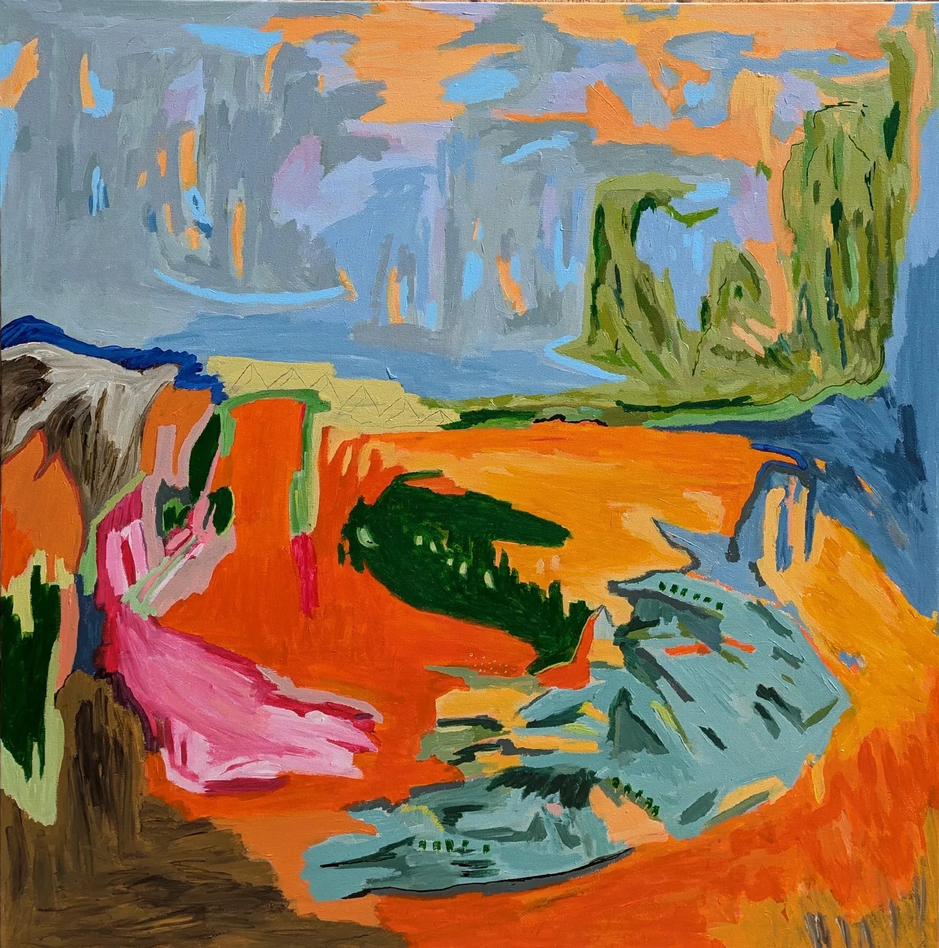 Earthsong – 105 × 105 cm acrylic abstract landscape by Alpana Rai, framed in Tasmanian oak, celebrating Australian earth tones