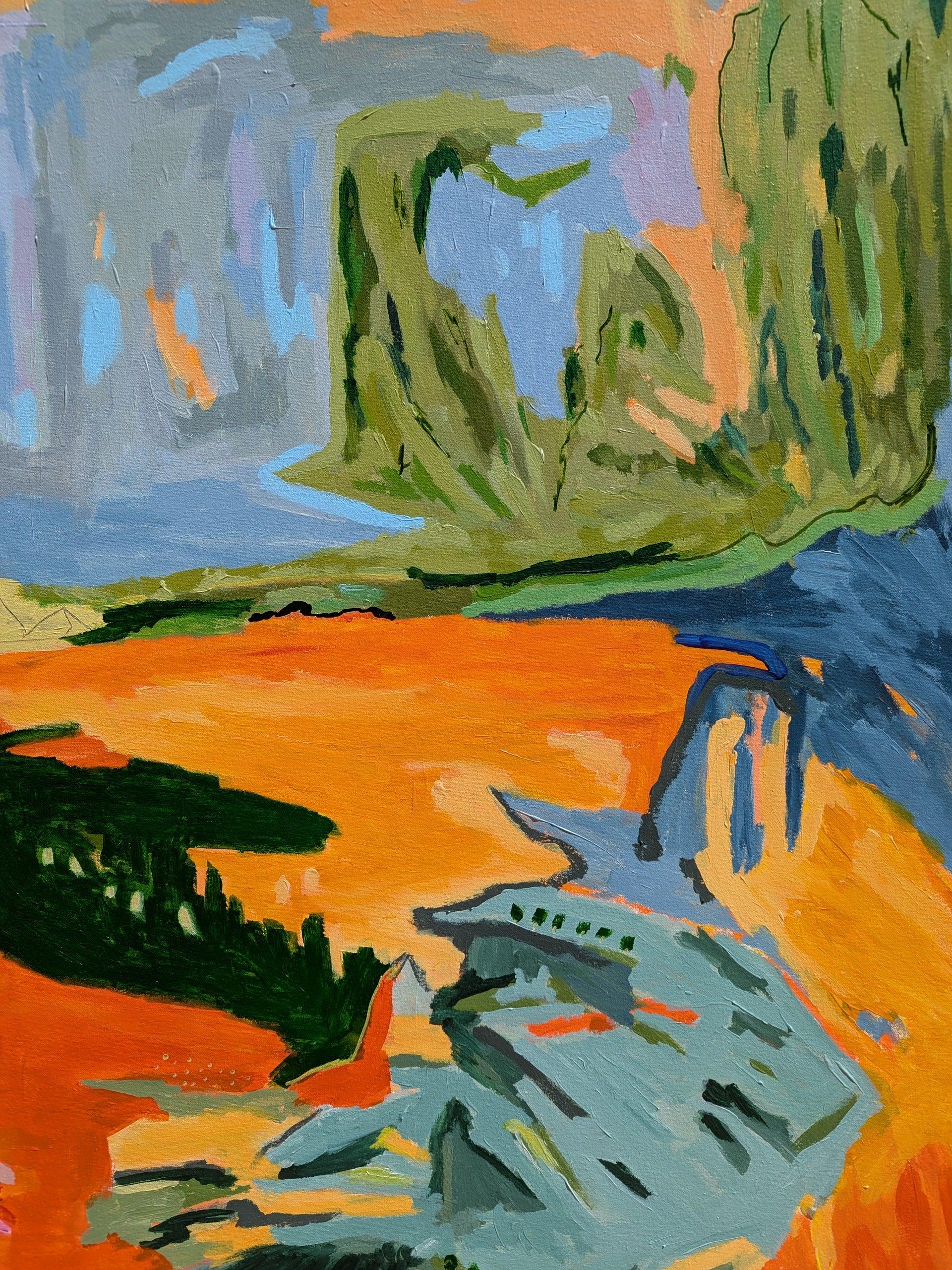 Earthsong – Details of  acrylic abstract landscape by Alpana Rai, framed in Tasmanian oak, celebrating Australian earth tones