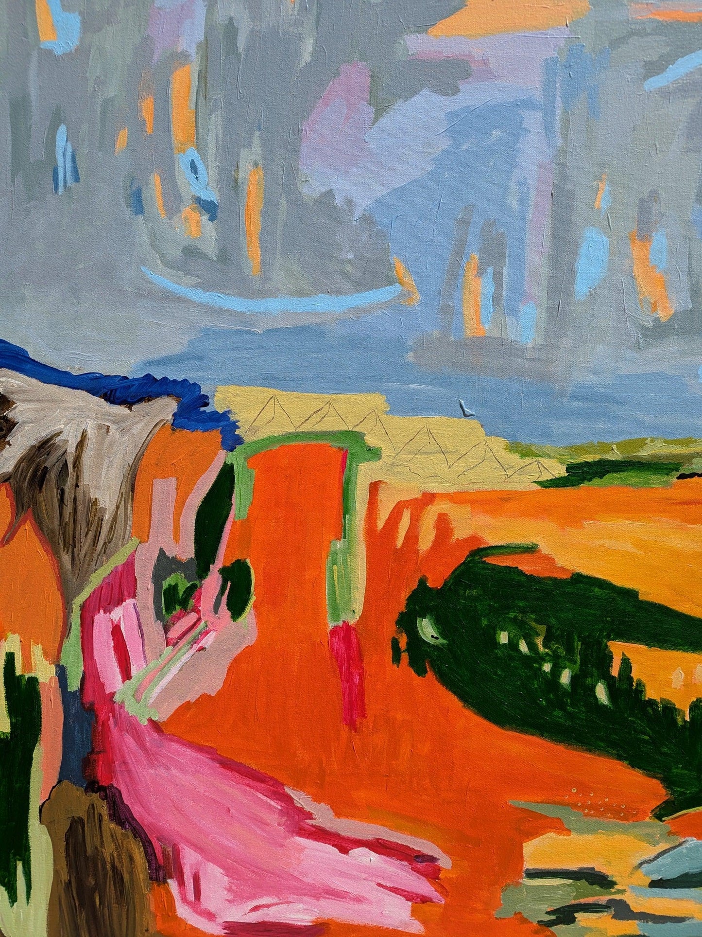 Details of Earthsong – acrylic abstract landscape by Alpana Rai, framed in Tasmanian oak, celebrating Australian earth tones