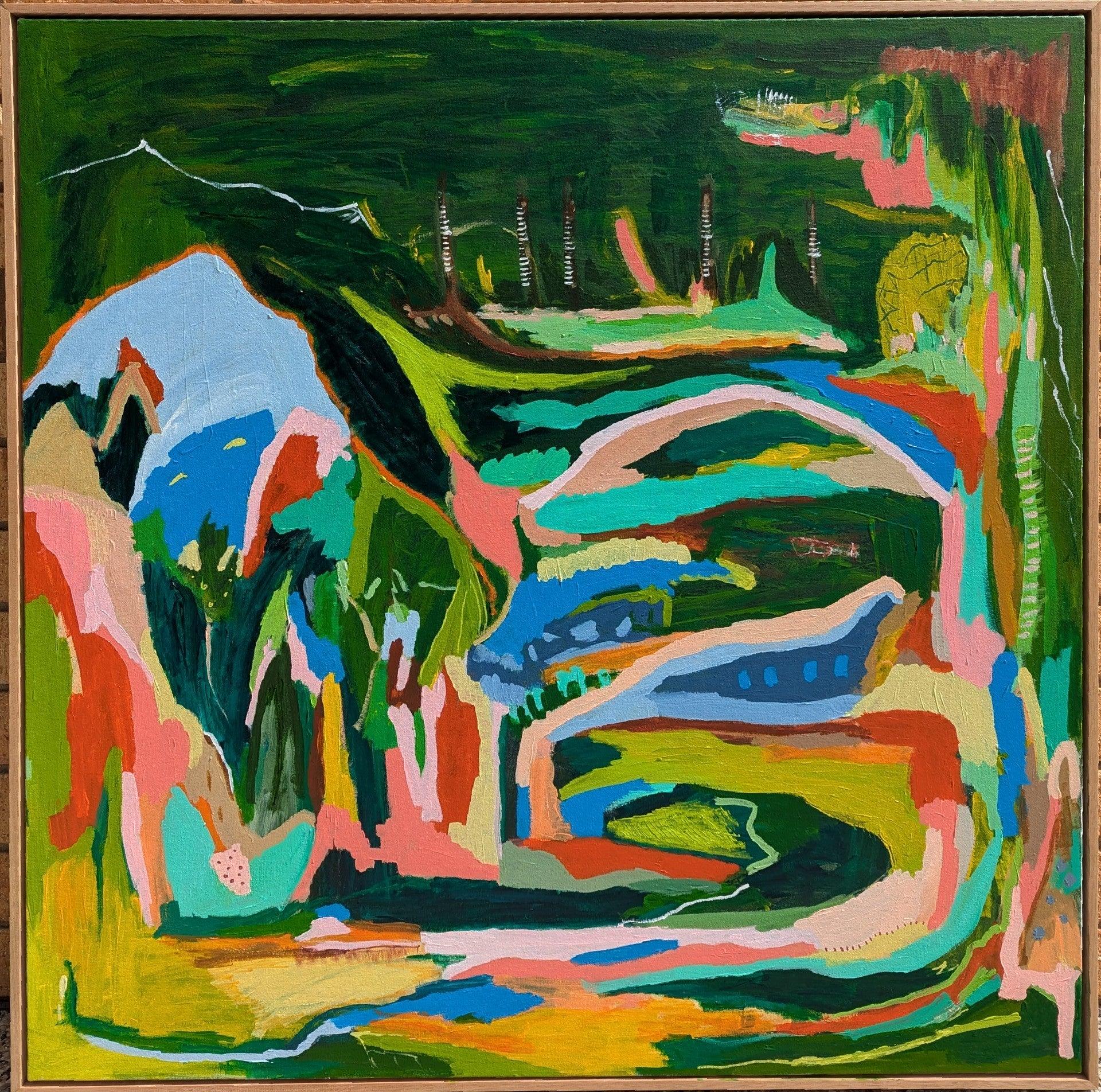 Echoes of the Land 120 X100 cm mixed media abstract painting by Alpana Rai, framed in Natural Oak Frame, inspired by Australian landscapes