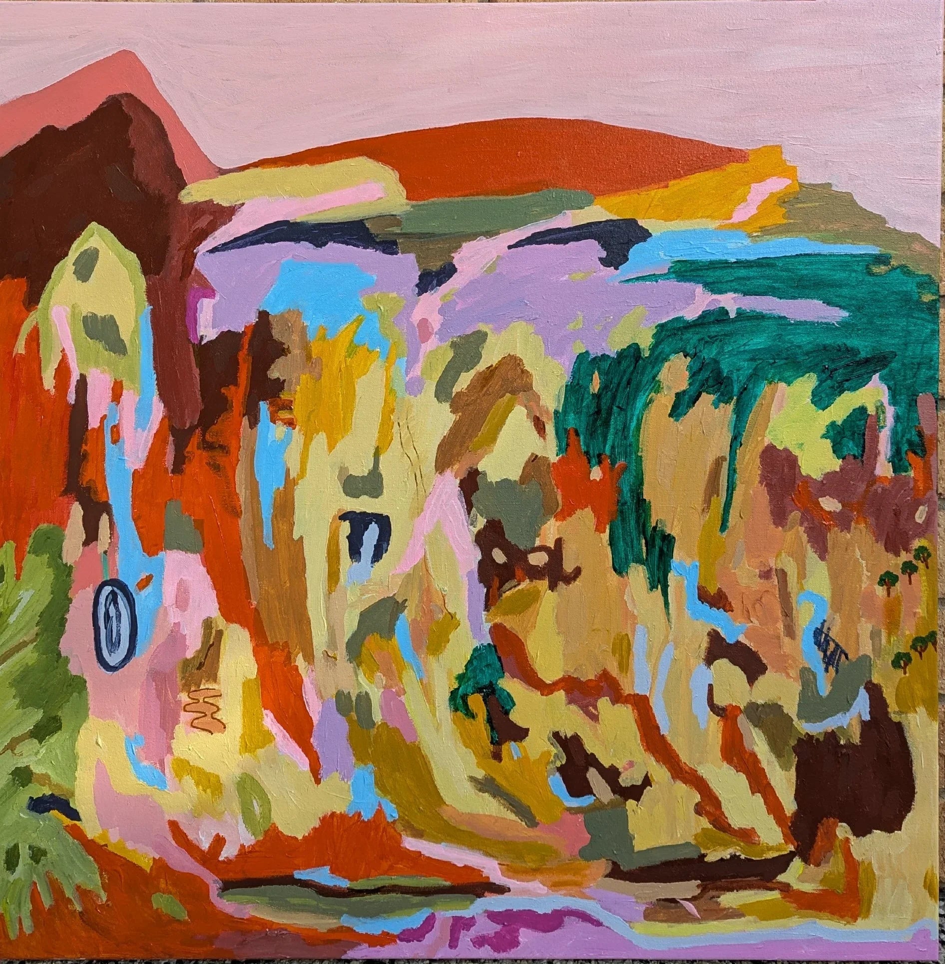 When There Are No Words – 76 × 76 cm acrylic abstract landscape by Alpana Rai, Bali‑inspired earthy and tropical tones in natural oak frame