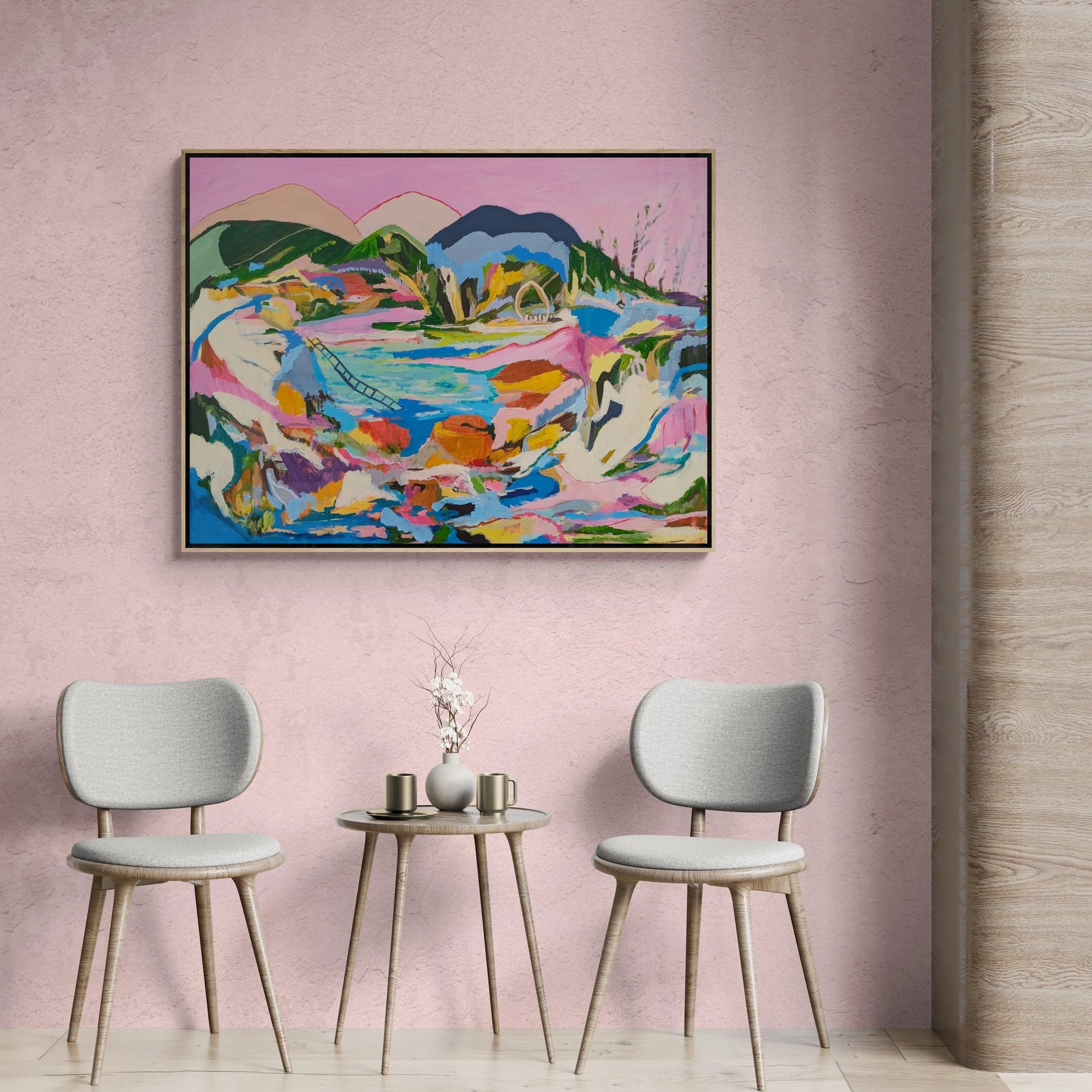 Lakeside  In situ– abstract acrylic landscape 121 × 91 cm by Alpana Rai, organic forms with pink sky and dreamlike elements