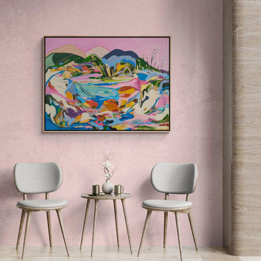 Lakeside  In situ– abstract acrylic landscape 121 × 91 cm by Alpana Rai, organic forms with pink sky and dreamlike elements