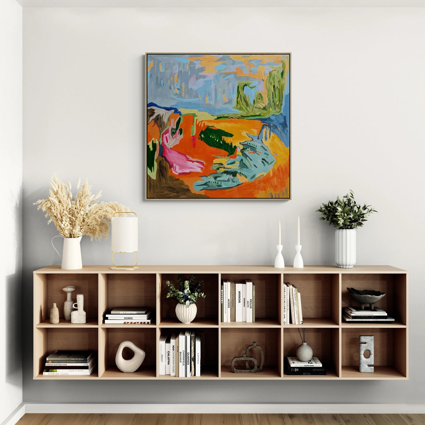 Earthsong – 105 × 105 cm acrylic abstract landscape by Alpana Rai, framed in Tasmanian oak, celebrating Australian earth tones In situ