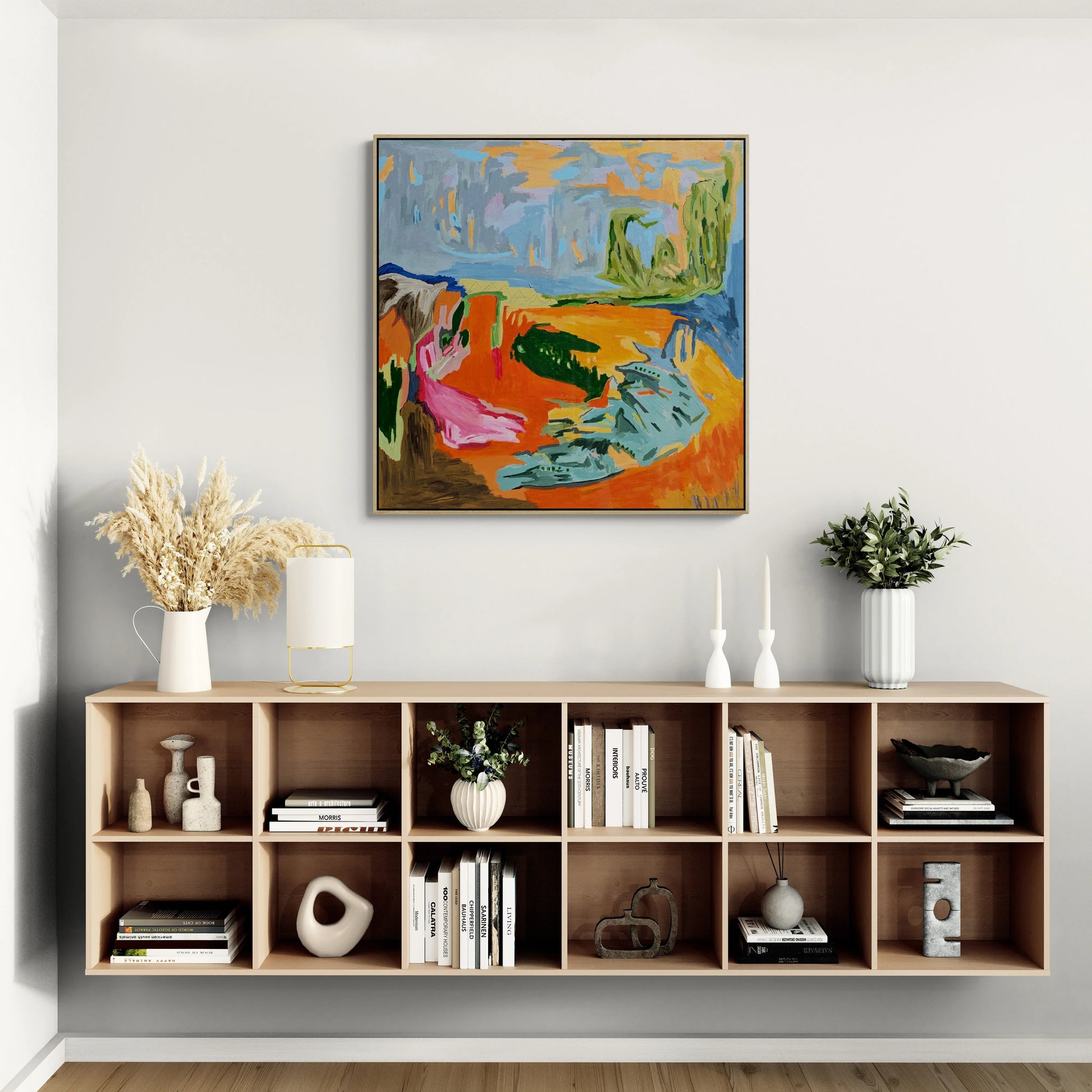 Earthsong – 105 × 105 cm acrylic abstract landscape by Alpana Rai, framed in Tasmanian oak, celebrating Australian earth tones In situ