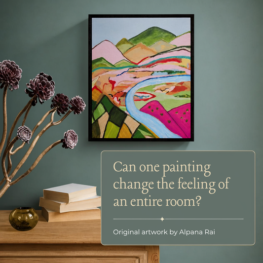The River Knew the Way, a colourful original Australian landscape painting by Alpana Rai, displayed above a wooden cabinet in a contemporary room.
