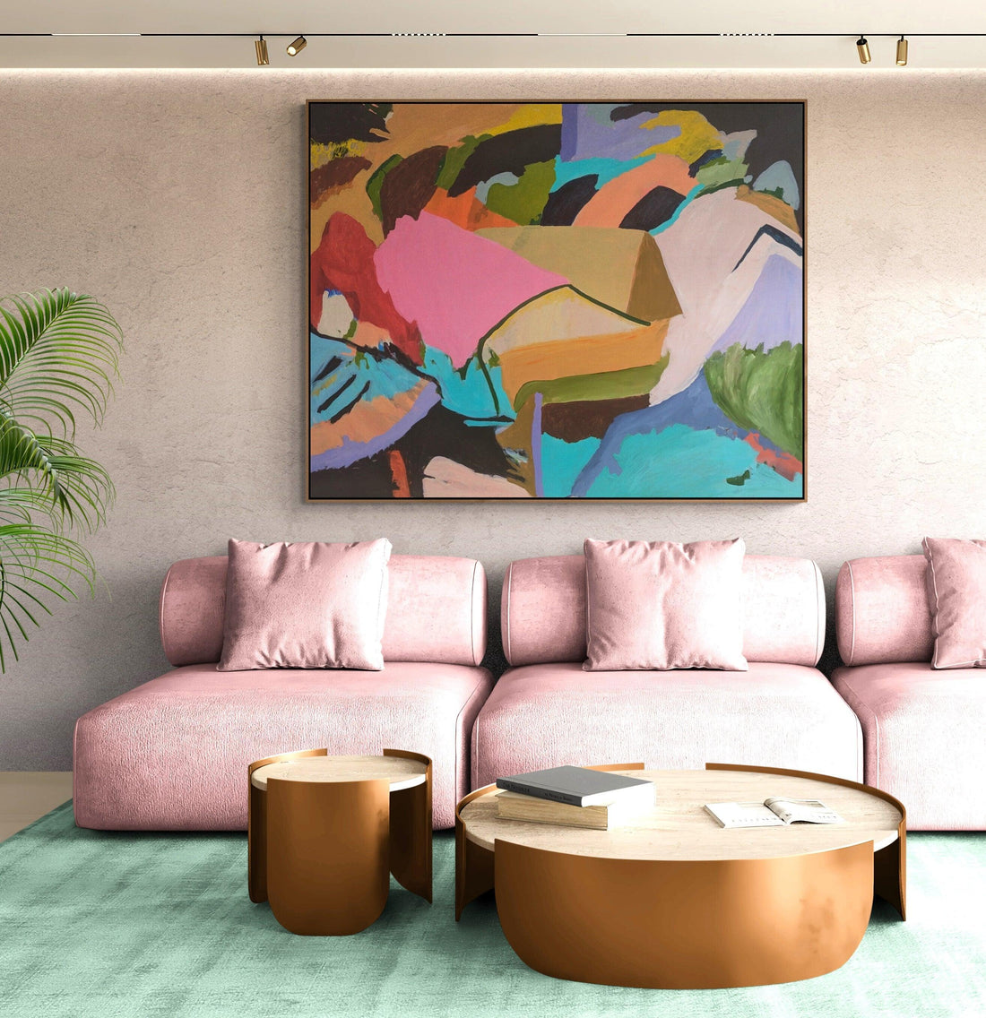 Original abstract landscape painting by Alpana Rai displayed above a living room sofa