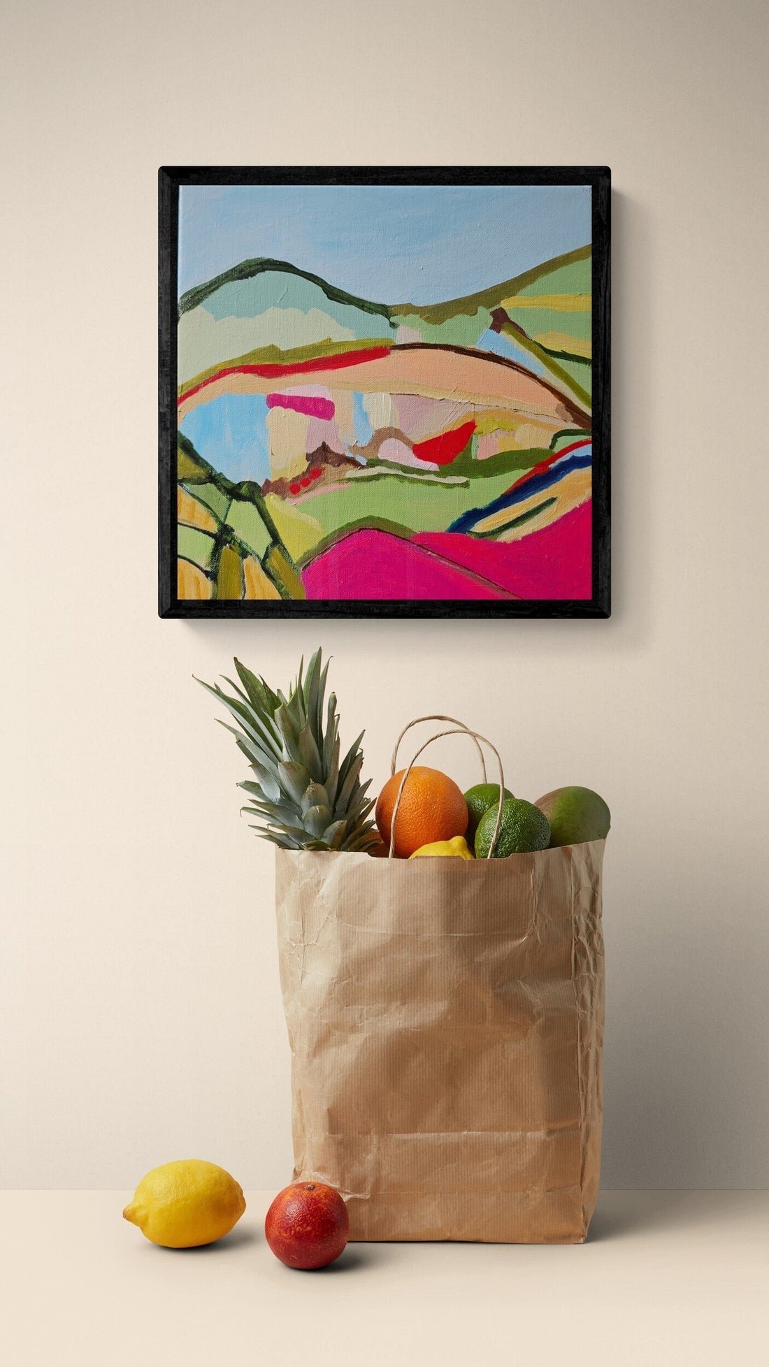 Small original abstract landscape painting by Alpana Rai displayed in a compact Australian home interior.