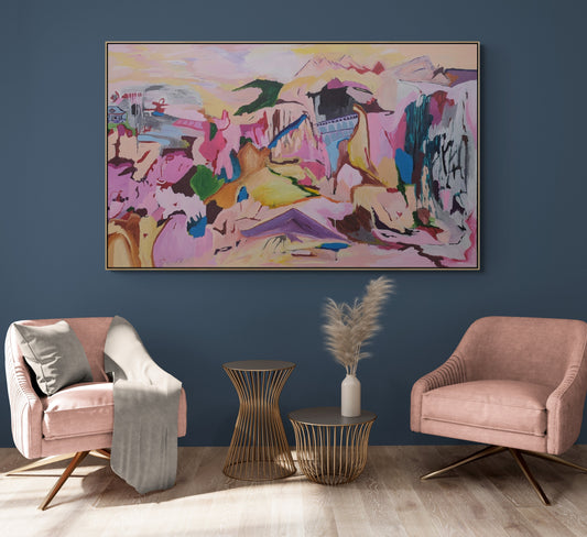 Elegant living room with original abstract art displayed above armchairs — buy original Australian abstract art online from Alpana Rai Arts