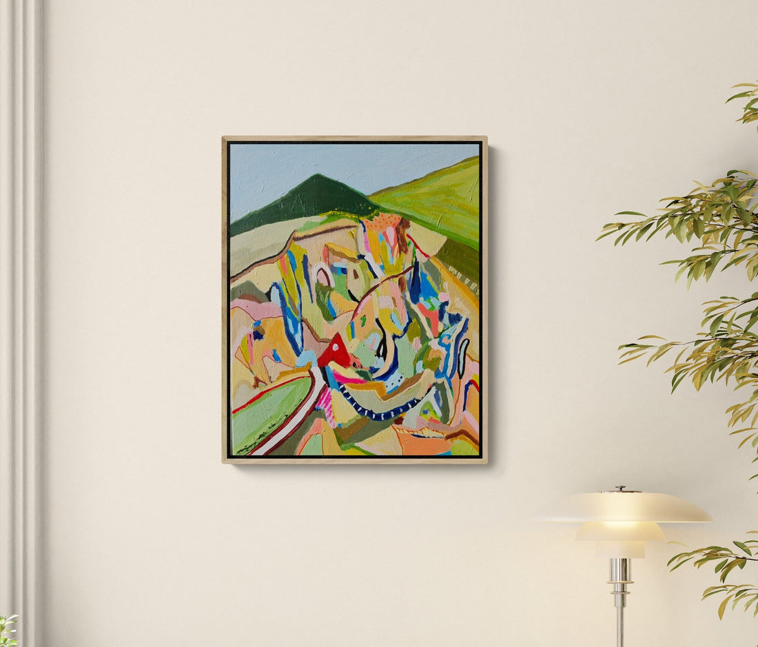 Original contemporary Australian landscape painting titled Break From The City by Alpana Rai, acrylic on canvas, inspired by camping in the Victorian countryside, framed in natural oak.