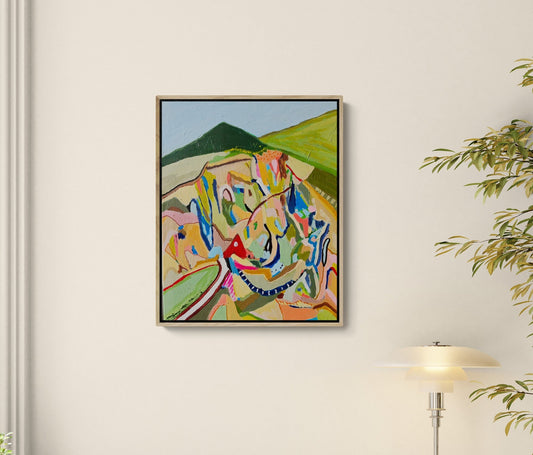 Original contemporary Australian landscape painting titled Break From The City by Alpana Rai, acrylic on canvas, inspired by camping in the Victorian countryside, framed in natural oak.