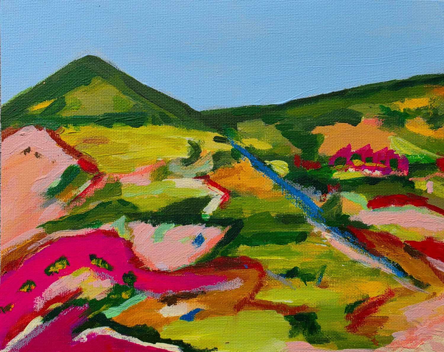 Colourful original Australian landscape painting with green hills, a winding blue stream and vibrant pink fields by Alpana Rai