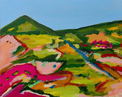 Colourful original Australian landscape painting with green hills, a winding blue stream and vibrant pink fields by Alpana Rai