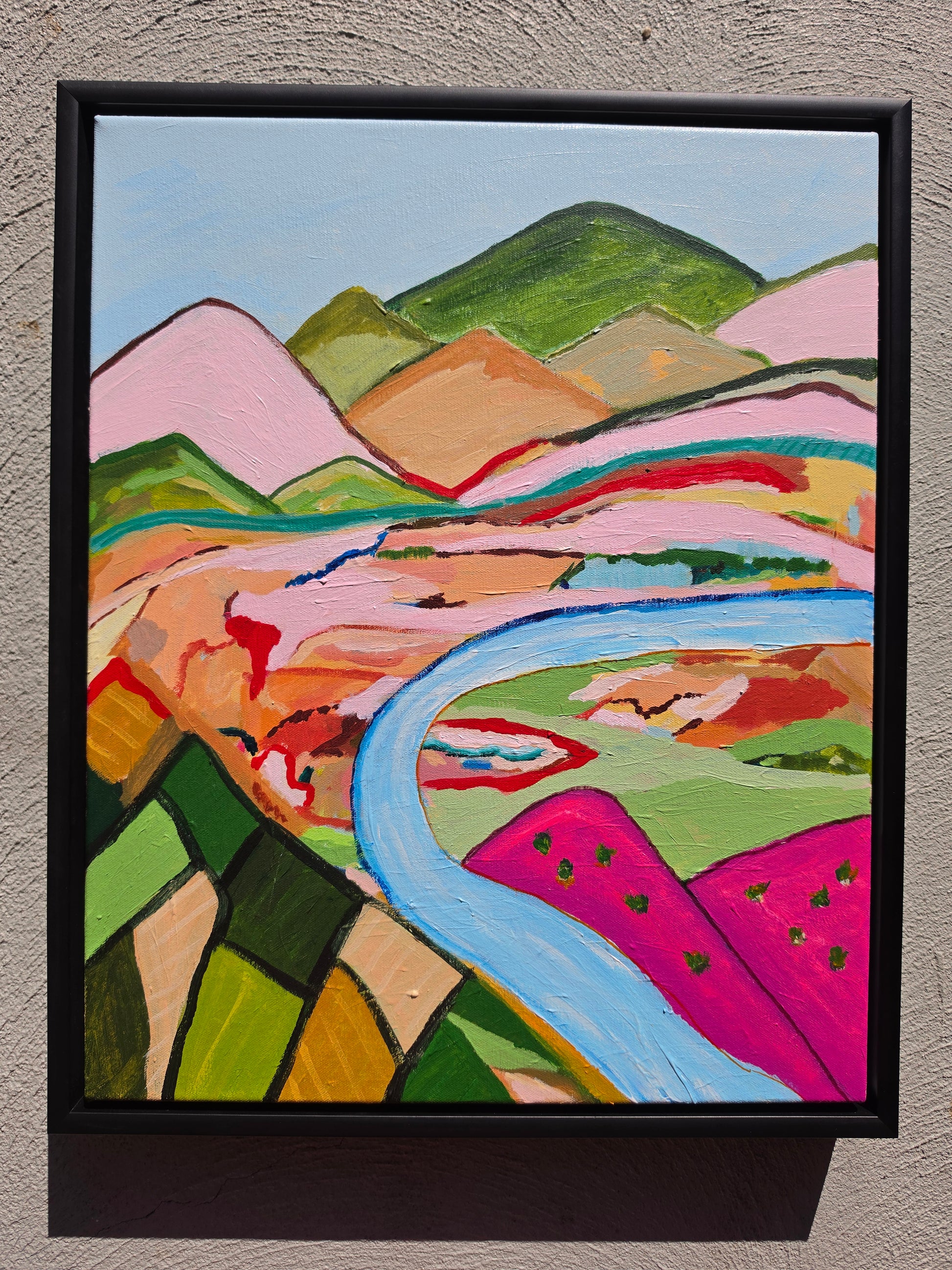 Colourful original abstract Australian landscape painting with a winding blue river, pink fields and green mountains, framed in black by Alpana Rai.