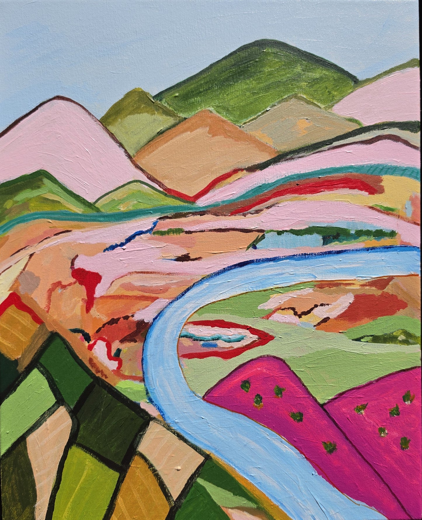 Colourful original abstract Australian landscape painting with a winding blue river, pink fields and green mountains, framed in black by Alpana Rai.