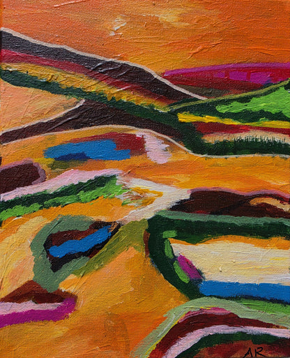 The Land in Full Colour, vibrant 20 × 25 cm original acrylic abstract landscape painting by Australian artist Alpana Rai.