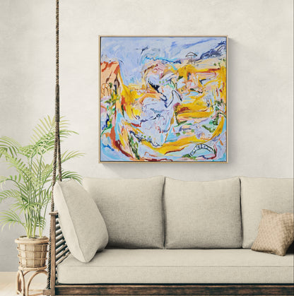 Colourful original abstract Australian landscape painting Somewhere Between Here and Home by Alpana Rai, framed in natural oak.