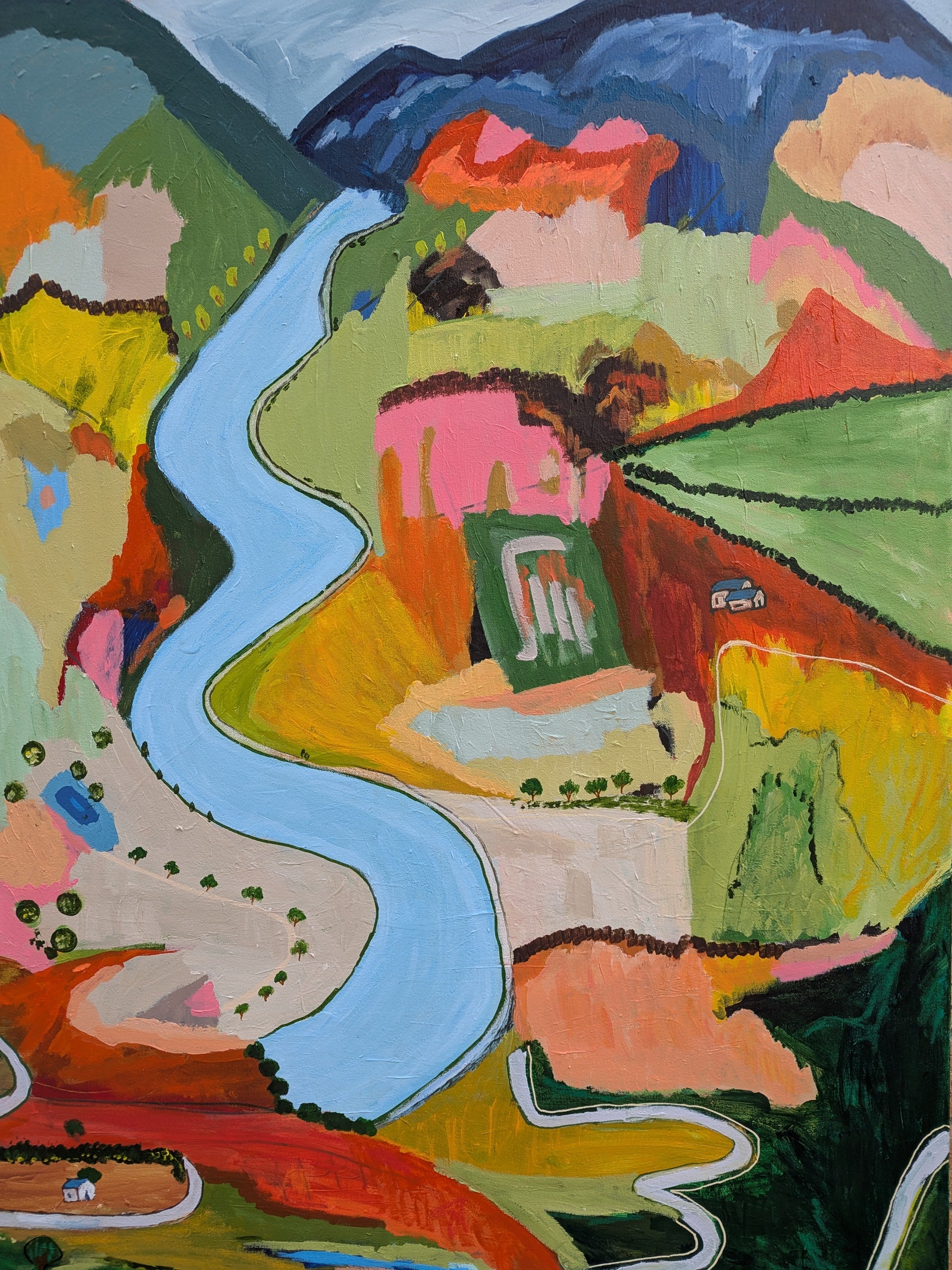 Original landscape painting By Alpana Rai with a winding river and building