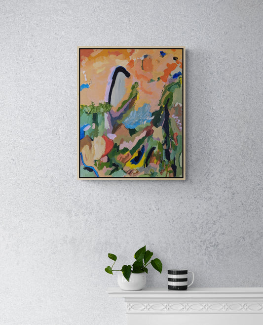 Orange Abstract Landscape Painting With Oak Frame Looks Beautiful on White Wall