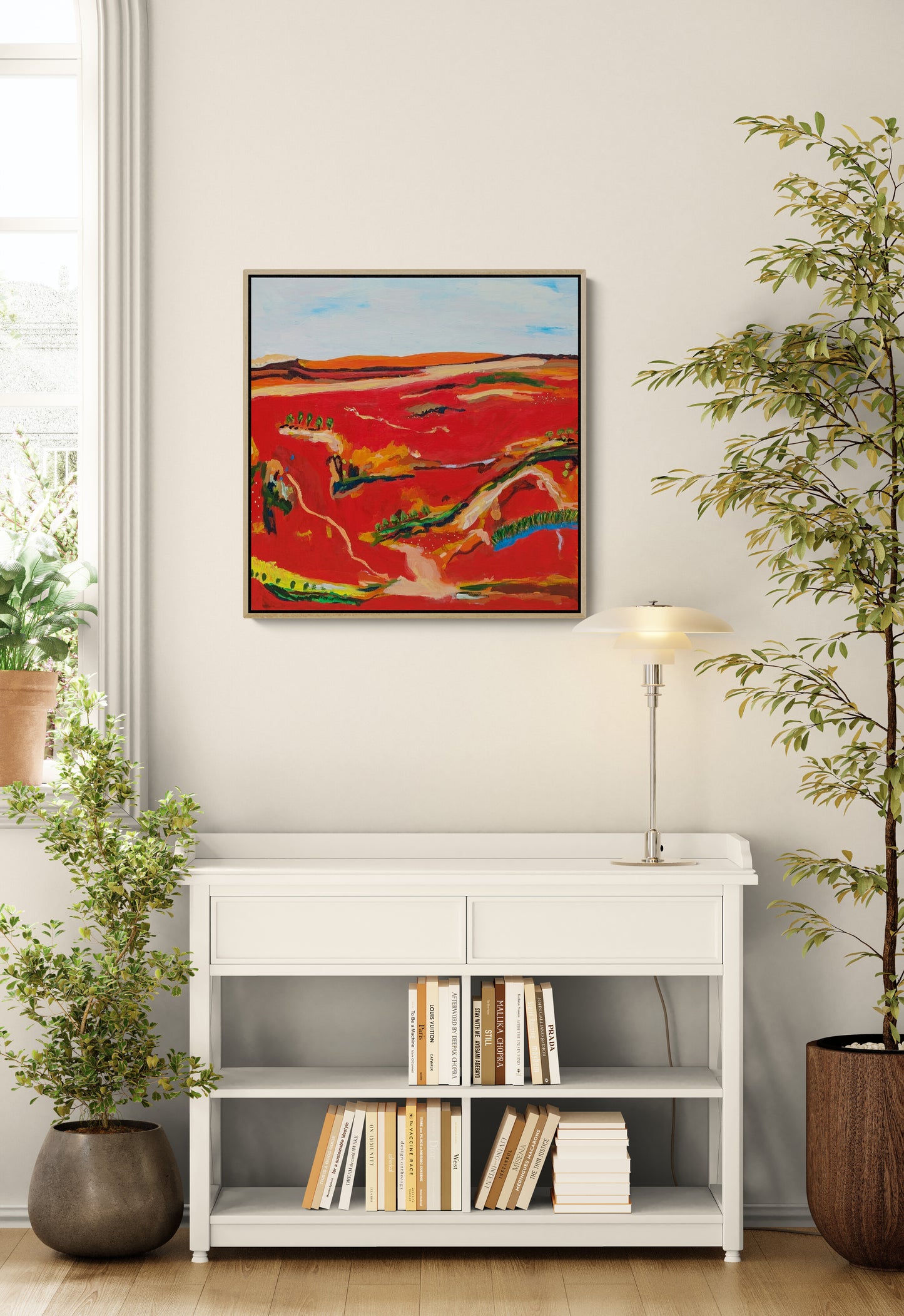 Vibrant abstract landscape painting in warm colors depicting Australian wilderness